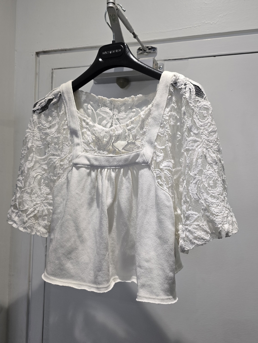 Y2K Free People White Lace Sleeve Square-Neck Women's Top
